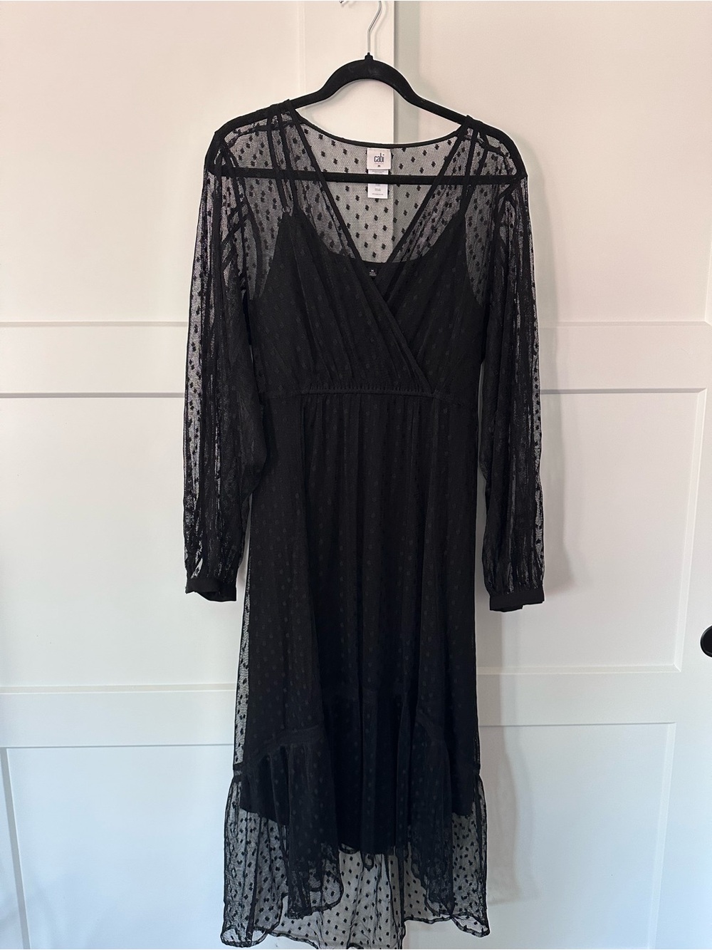 CAbi Black Dotted Mesh Long Sleeve Midi Dress